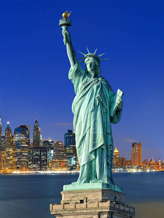 Manhattan skyline at night and Statue of Liberty.