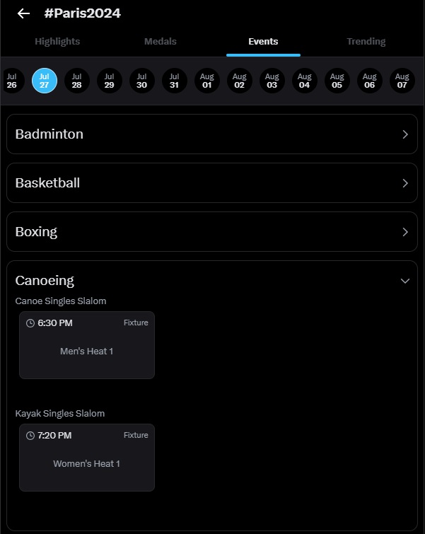 Events feature on X platform for Paris 2024 Olympics